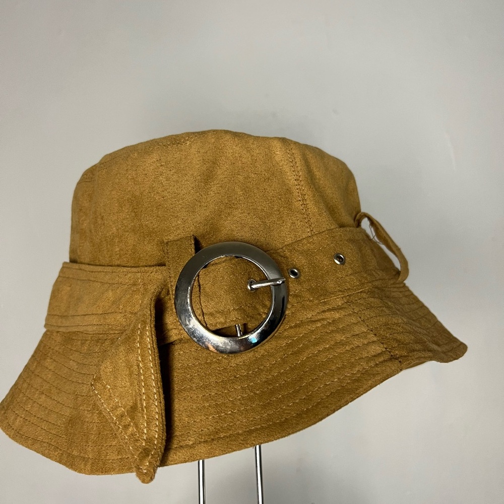 Y2K Tan Faux Suede Bucket Hat with Silver Buckle